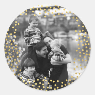 Gold confetti photo template classic round sticker