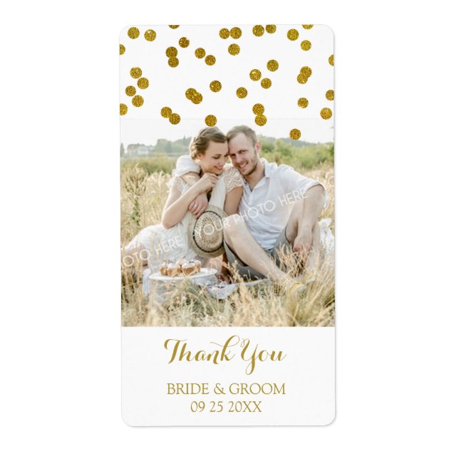 Gold Confetti Photo Wedding Labels (Front)