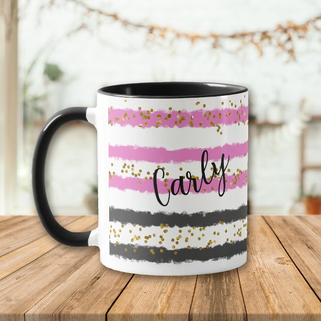 Gold Confetti Pink Black Stripes Name Mug (Creator Uploaded)