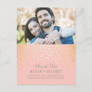 Gold Confetti Pink Elegant Photo Save the Date Announcement Postcard