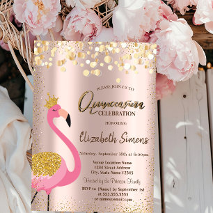 Gold Confetti Pink Flamingo Rose Gold Quinceañera Invitation