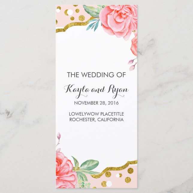 Gold Confetti Pink Floral Stripes Wedding Programs Programme (Front)