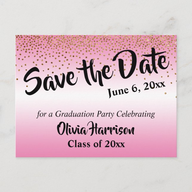 Gold Confetti Pink Graduation Save the Date Postcard (Front)