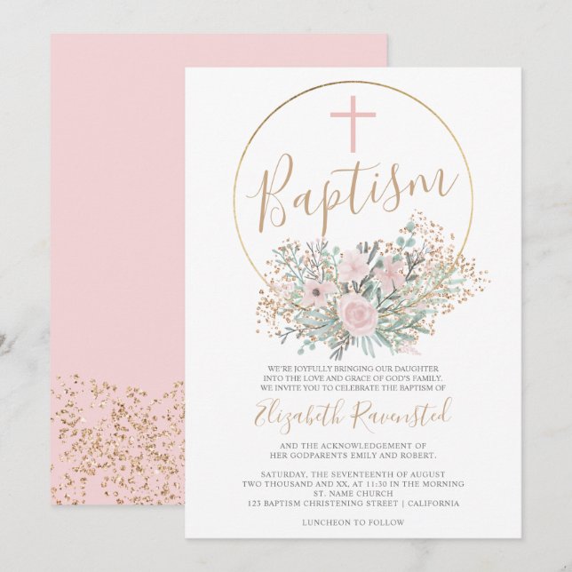 Gold confetti pink green floral watercolor baptism invitation (Front/Back)