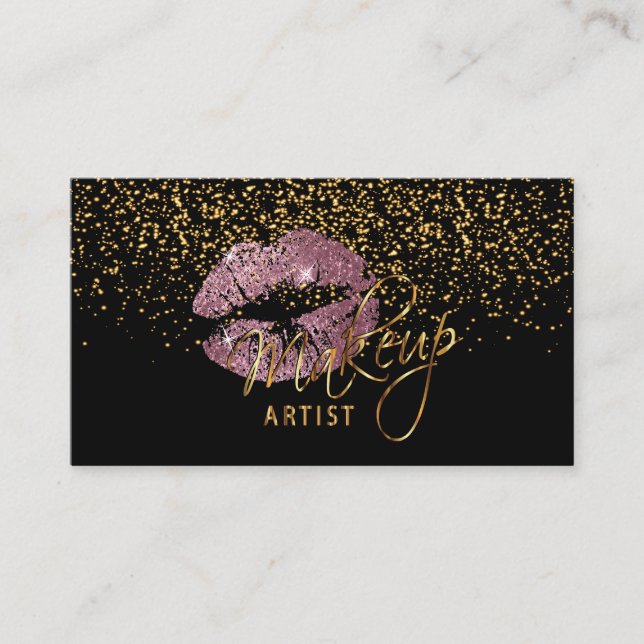 Gold Confetti & Pink Rose Lips - Makeup Business Card (Front)