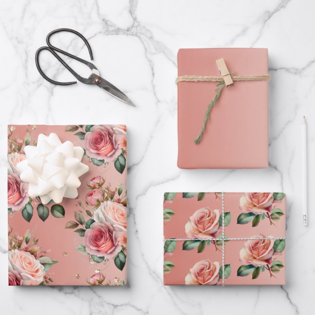 Gold Confetti Pink Roses Floral Bridal Shower Wrapping Paper Sheet (Front)