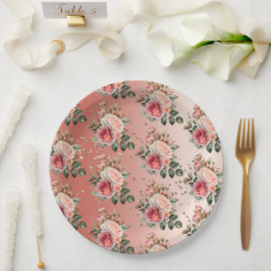 Gold Confetti Pink Roses Floral Paper Plate