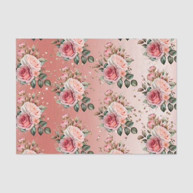 Gold Confetti Pink Roses Floral Tissue Paper (Front)