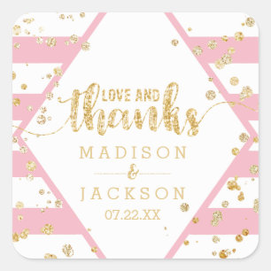 Gold Confetti & Pink Stripes Wedding Thanks Favour Square Sticker
