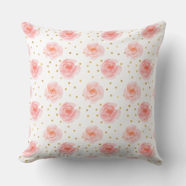 Gold Confetti Pink Watercolor Roses Cushion (Front)
