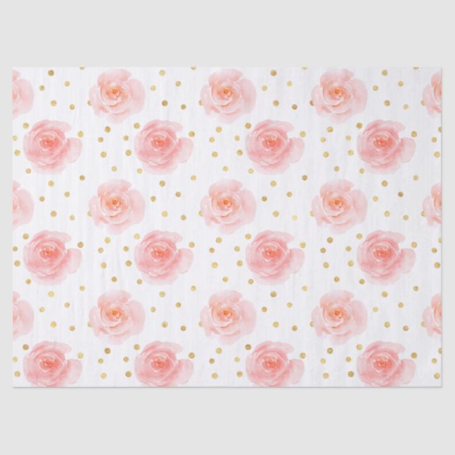 Gold Confetti Pink Watercolor Roses Tissue Paper (Front)