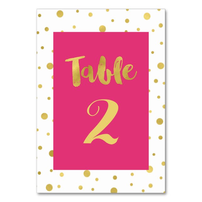Gold Confetti Pink Wedding Table Number Cards (Front)