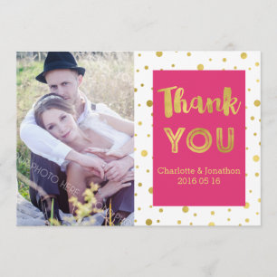 Gold Confetti Pink Wedding Thank You Photo Cards
