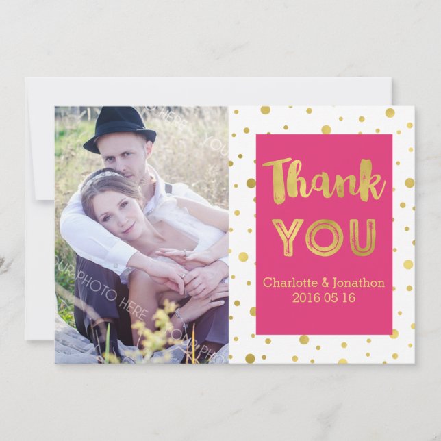 Gold Confetti Pink Wedding Thank You Photo Cards (Front)