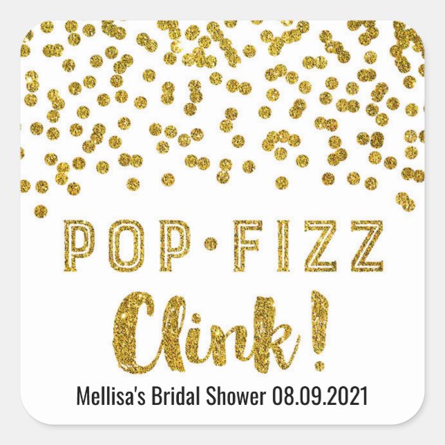 Gold Confetti Pop Fizz Clink Bridal Shower Square Sticker (Front)