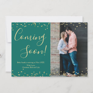 Gold Confetti Pregnancy Announcement Card on Green