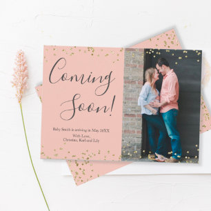 Gold Confetti Pregnancy Announcement Card on Pink