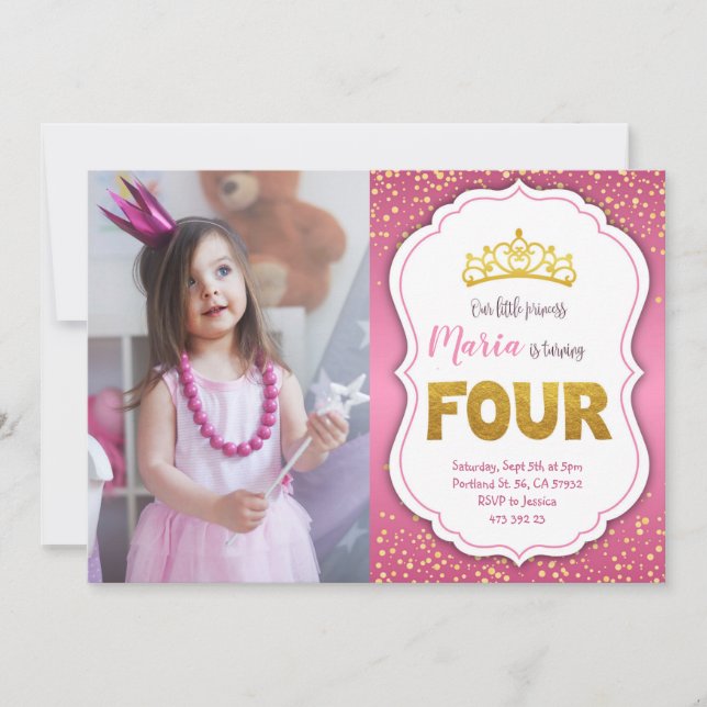 Gold Confetti Princess 4th Birthday Invitation  (Front)