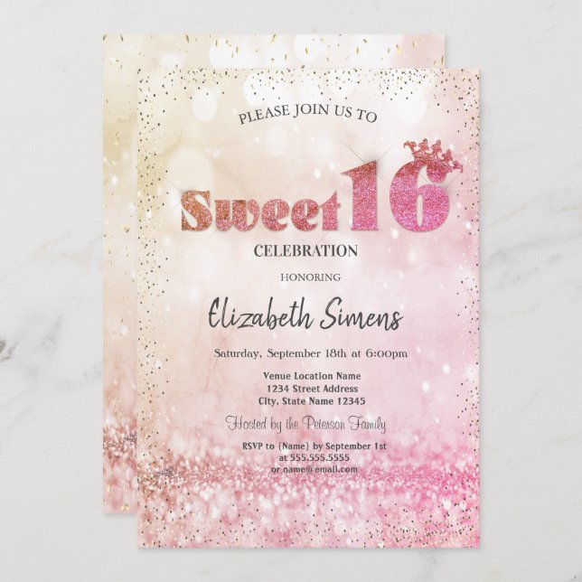 Gold Confetti Princess Bokeh Sweet 16 Invitation (Front/Back)