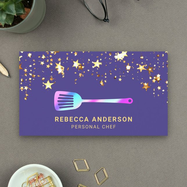 Gold Confetti Purple Rainbow Spatula Personal Chef Business Card (Creator Uploaded)