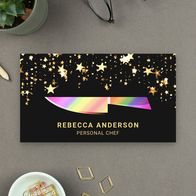 Gold Confetti Rainbow Kitchen Knife Personal Chef Business Card (Creator Uploaded)