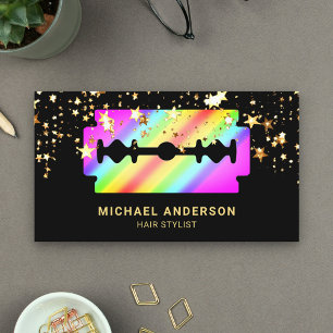 Gold Confetti Rainbow Razor Blade Hair Stylist Business Card