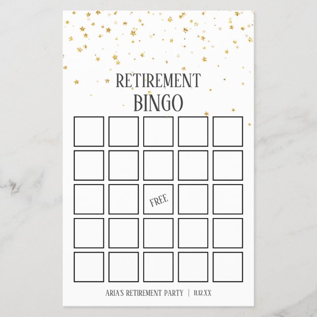 Gold Confetti Retirement Bingo Cards (Front)