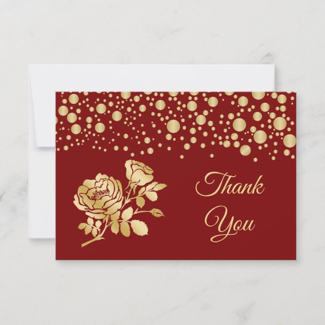 Gold confetti, roses on red Wedding  Thank You (Front)
