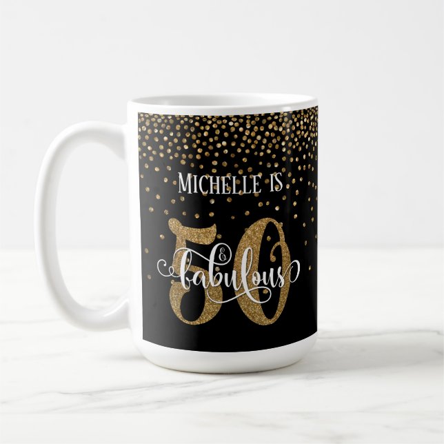 Gold Confetti Script 50 & Fabulous Over Black Coffee Mug (Left)