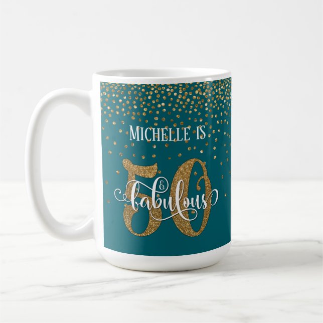 Gold Confetti Script 50 & Fabulous Over Teal Coffee Mug (Left)