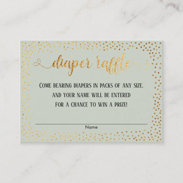 Gold Confetti & Script on Sage Diaper Raffle Cards (Front)