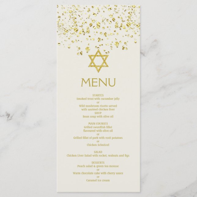 Gold confetti, Star of David Bat Mitzvah Menu Card (Front)