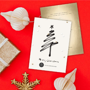 Gold Confetti Stylish Brush Tree Modern Business Holiday Card