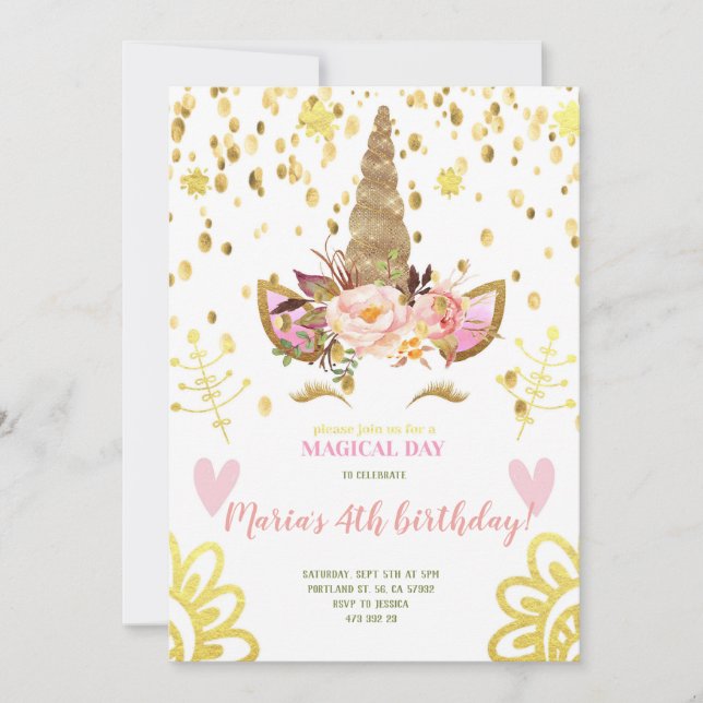 Gold Confetti Unicorn face Birthday Invitation  (Front)