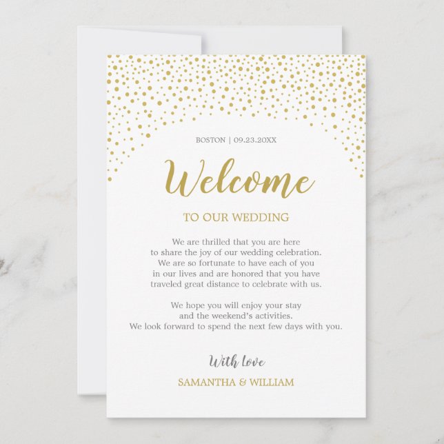 Gold Confetti Wedding Welcome Note | Custom Colour Invitation (Front)