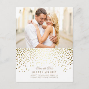 Gold Confetti White Elegant Photo Save the Date Announcement Postcard
