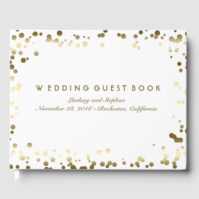 Gold Confetti White Elegant Wedding Guest Book (Front)