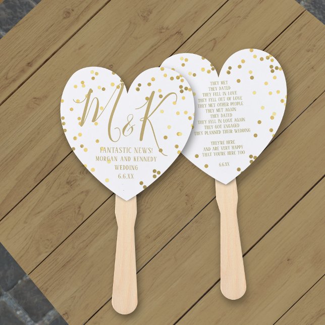 Gold Confetti White Wedding Program Hand Fan (A beautiful love story - add yours)
