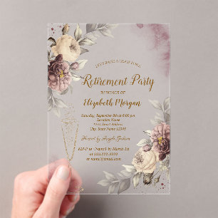 Gold Confetti Wine Glass Blush Roses Retirement Acrylic Invitations