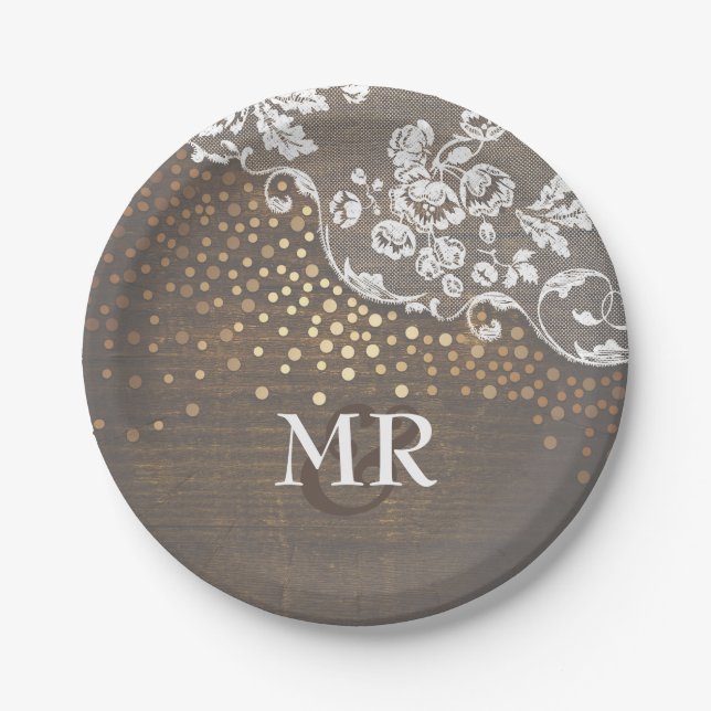 Gold Confetti Wood Lace Wedding Monogram Paper Plate (Front)
