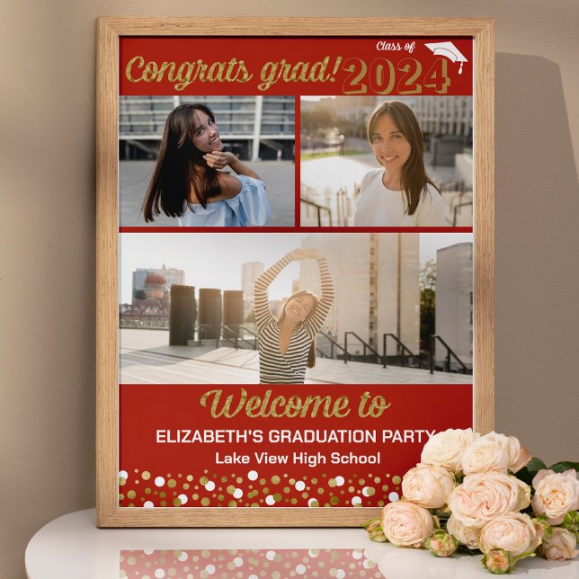 Gold Congrats Grad 3 photo collage Welcome Sign (Creator Uploaded)