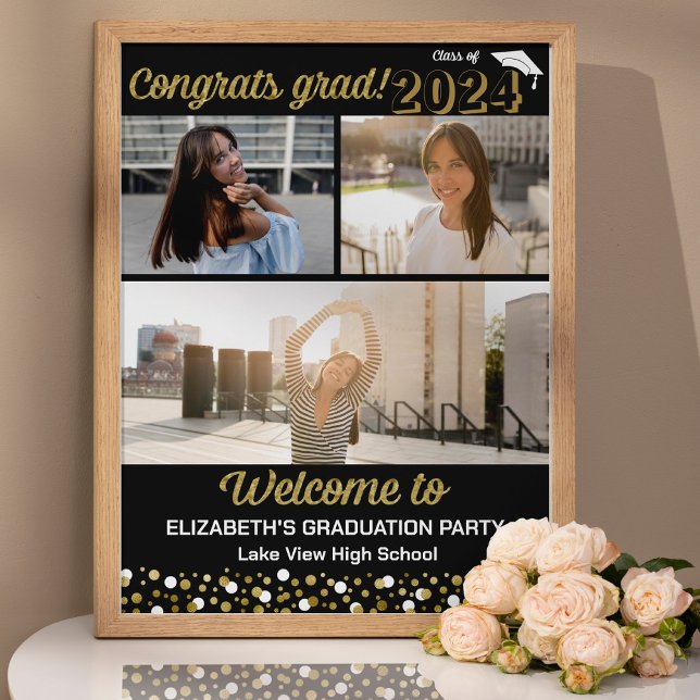 Gold Congrats Grad 3 photo collage Welcome Sign (Creator Uploaded)