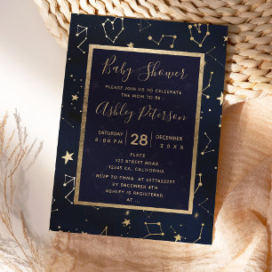 Gold constellation star navy blue baby shower invitation