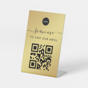 Gold Contactless Scan Me Qr Code Menu Logo Branded Pedestal Sign