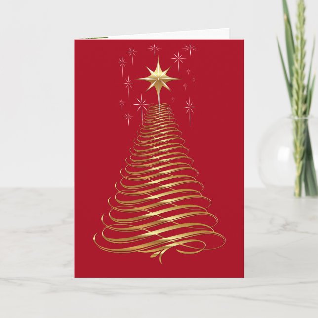 Gold Contemporary Holiday Tree On Red Card (Front)