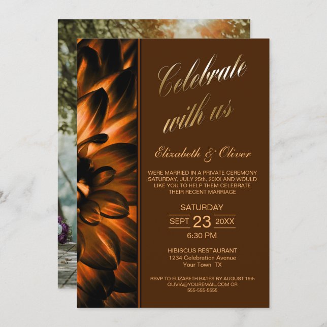 Gold Copper Floral Photo Wedding Reception Invitation (Front/Back)