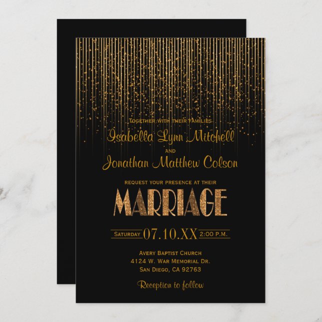 Gold Copper Star Rain Shower & Black Wedding Invitation (Front/Back)