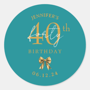 Gold Coquette Bow 40th Birthday Party Turquoise Classic Round Sticker