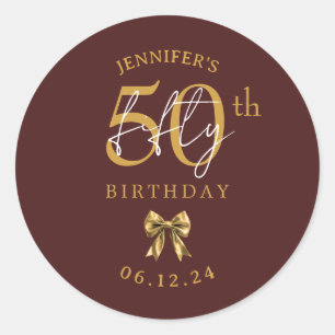Gold Coquette Bow 50th Birthday Party Burgundy Classic Round Sticker