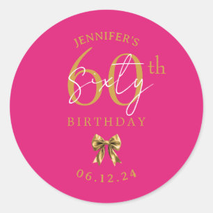Gold Coquette Bow 60th Birthday Party Hot Pink Classic Round Sticker